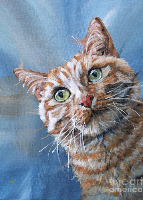 Cat Greeting Card featuring the painting Tuna Time - Orange Cat Painting on Blue by Annie Troe