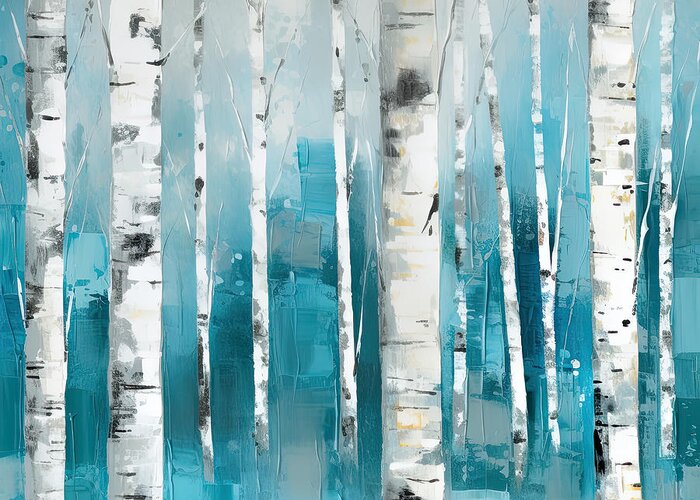 Turquoise Greeting Card featuring the painting Turquoise Birch trees II- Turquoise Art by Lourry Legarde