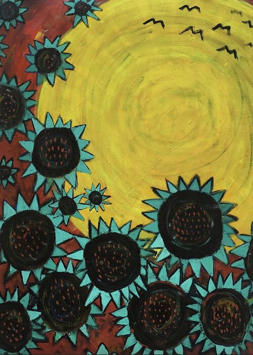 Sun Greeting Card featuring the painting Turquoise Sunflowers by Cyndie Katz