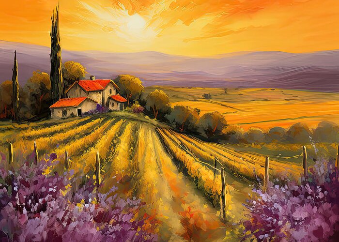 Tuscany Greeting Card featuring the painting Tuscan Vineyard Sunset - Vineyard Impressionist Paintings by Lourry Legarde