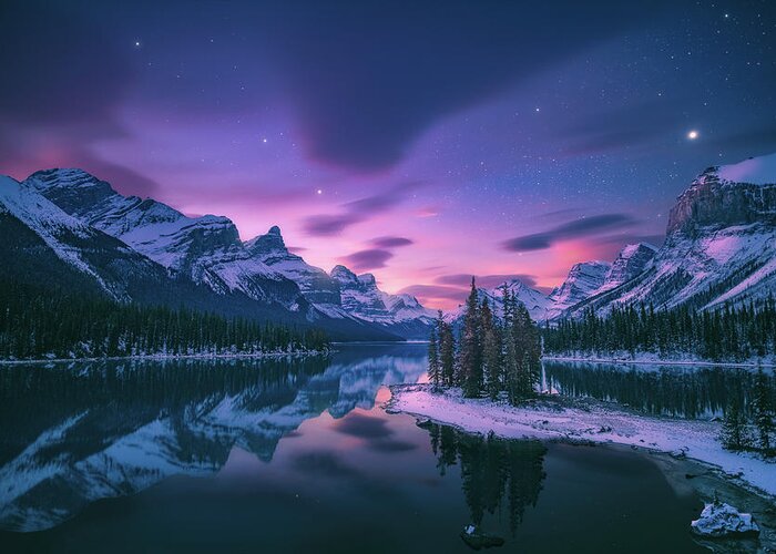 Maligne Greeting Card featuring the photograph Twilight at Spirit Island by Henry w Liu