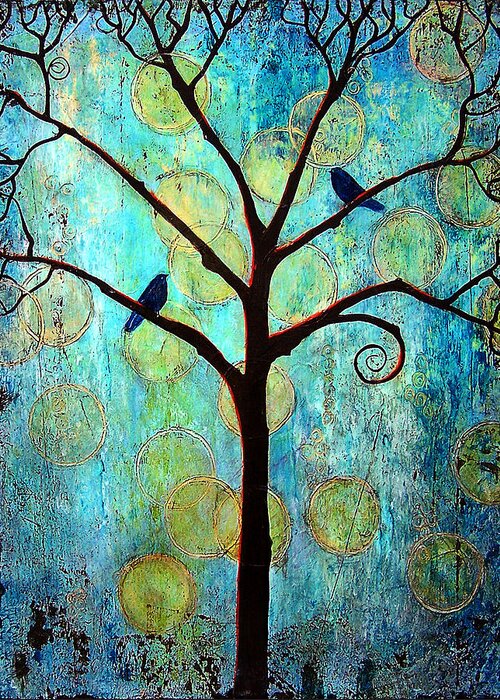 Black Birds Greeting Card featuring the painting Twilight Tree of Life by Blenda Studio