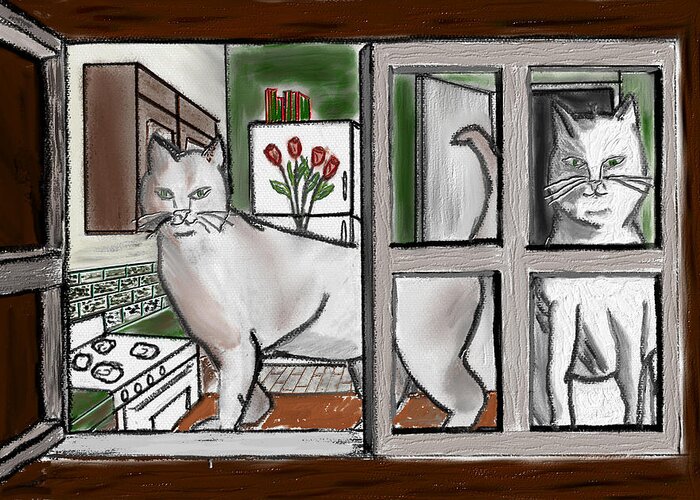Catas Cats Greeting Card featuring the drawing Two Cats looking Out by Steve Carpentier