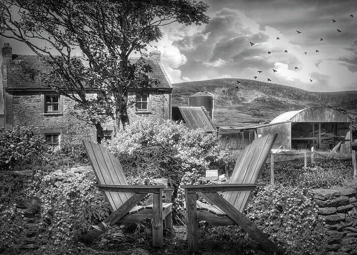Barns Greeting Card featuring the photograph Two Chairs in an Irish Garden in Black and White by Debra and Dave Vanderlaan