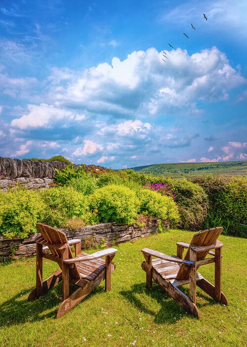 Clouds Greeting Card featuring the photograph Two Chairs in the Garden by Debra and Dave Vanderlaan