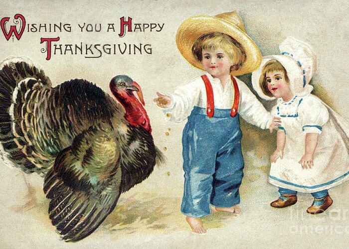 Thanksgiving Greeting Card featuring the digital art Two children feeding a turkey corn. by Pete Klinger