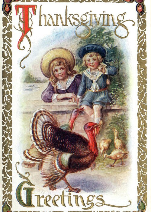 Thanksgiving Greeting Card featuring the digital art Two children sitting at fence watching a turkey. by Pete Klinger