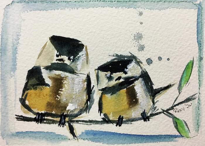 Grand Tit Greeting Card featuring the painting Two Fat Chickadees by Roxy Rich