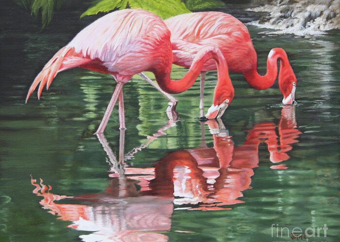 Flamingos Greeting Card featuring the painting Two Flamingos by Jimmie Bartlett