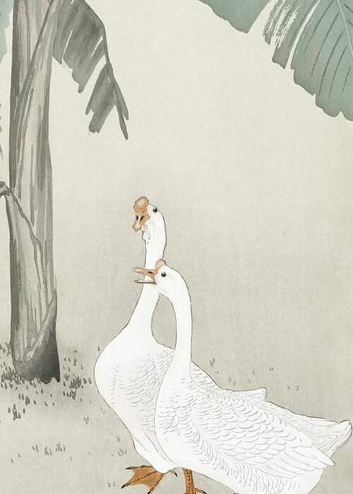 Birds Greeting Card featuring the painting Two geese at banana tree by Ohara Koson
