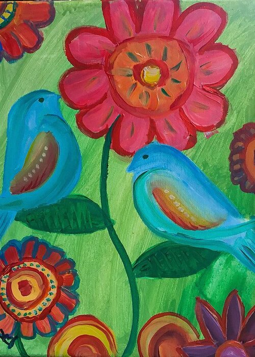 Acrylic Painting Greeting Card featuring the painting Two little Birds by Karen Buford