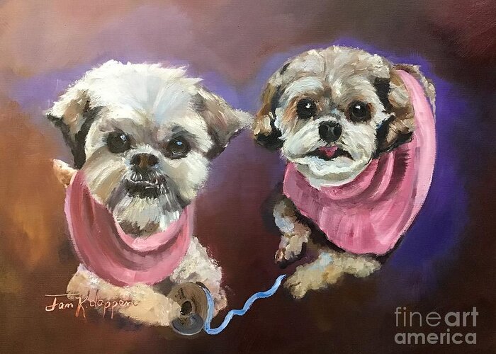 Small Dogs Greeting Card featuring the painting Two Little Dogs by Jan Dappen