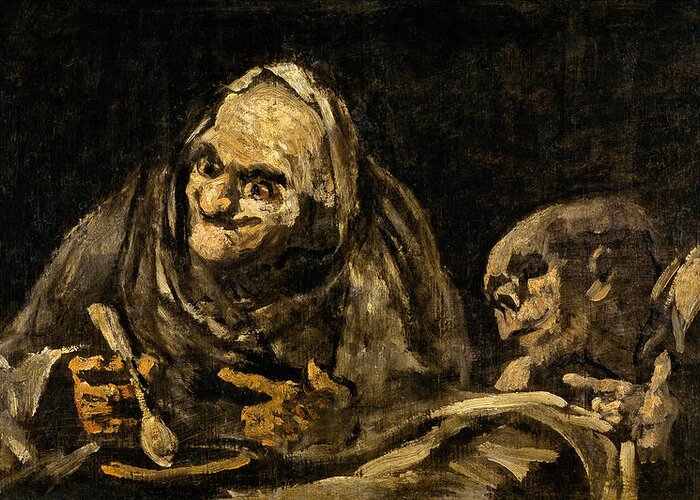 Goya Greeting Card featuring the painting Two Old Ones Eating Soup by Francisco de Goya