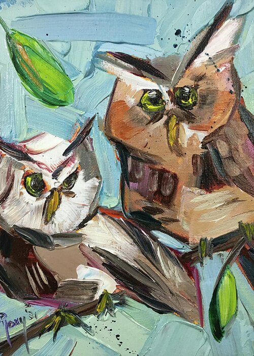 Owls Greeting Card featuring the painting Two Screech Owls by Roxy Rich