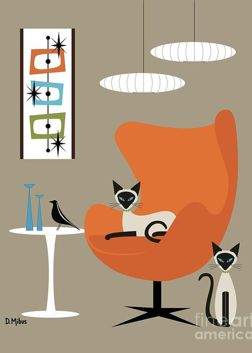 Mid Century Cat Greeting Card featuring the digital art Two Siamese in Mid Century Orange Chair by Donna Mibus