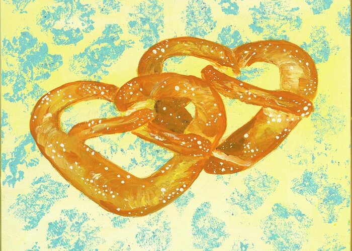 Pretzels Greeting Card featuring the painting Two Soft Pretzels by Britt Miller