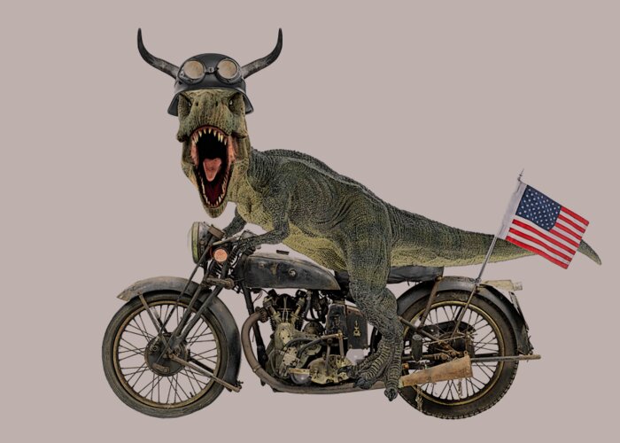 Dinosaur Greeting Card featuring the digital art Tyrannosaurus Rex on Motorbike by Madame Memento