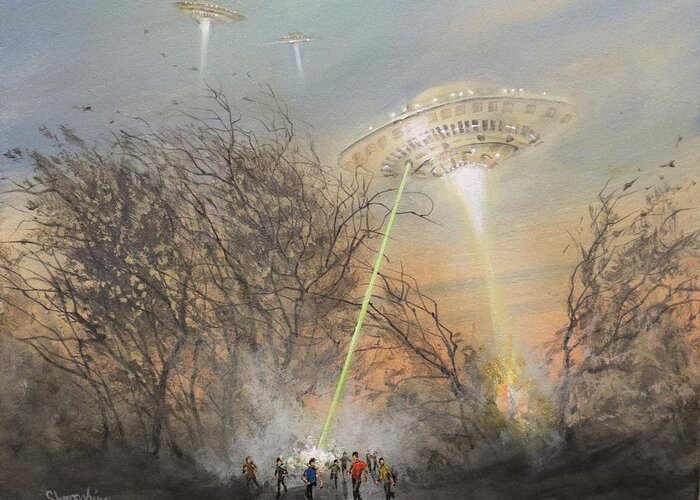Ufo's Greeting Card featuring the painting UFO Alien Invasion by Tom Shropshire