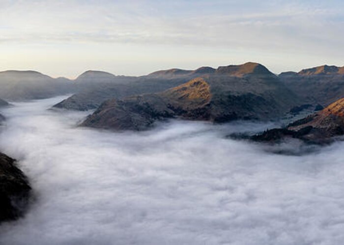 Panorama Greeting Card featuring the photograph Ullswater and Glenridding aerial cloud inversion lake district by Sonny Ryse
