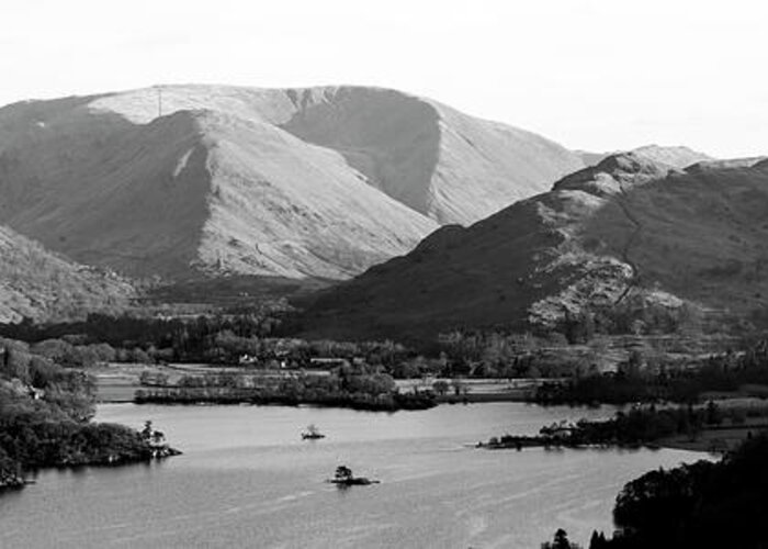 Panorama Greeting Card featuring the photograph Ulswater and Glenridding Black and White Lake District by Sonny Ryse
