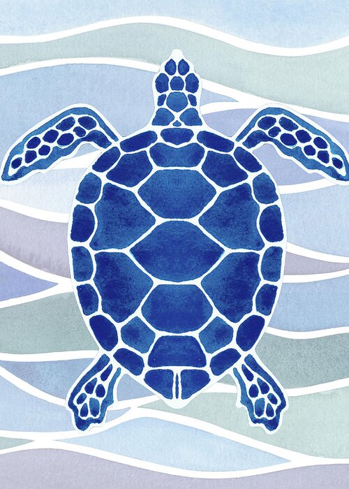 Giant Greeting Card featuring the painting Ultramarine Blue Giant Turtle In Waves Watercolor by Irina Sztukowski