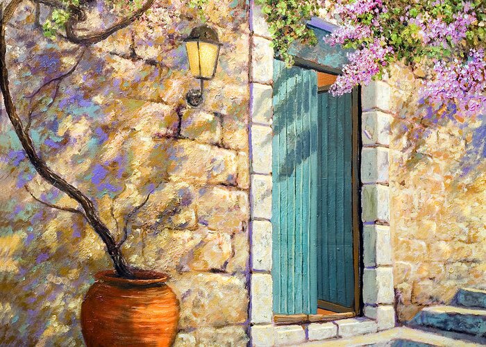 Garden Painting Greeting Card featuring the painting Turquoise door, print on Canvas Original, Colorful Painting , by Miki Karni by Miki Karni