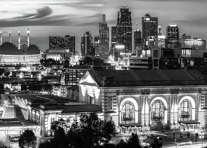 Kansas City Skyline Greeting Card featuring the photograph Union Station and Kansas City Skyline - BW Edition by Gregory Ballos