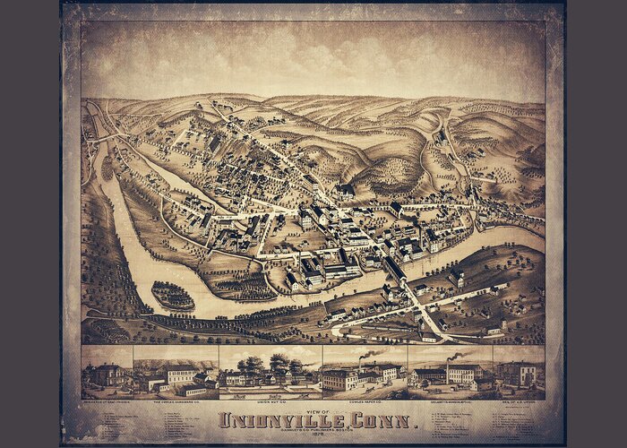 Connecticut Map Greeting Card featuring the photograph Unionville Connecticut Vintage Map Birds Eye View 1878 Sepia by Carol Japp