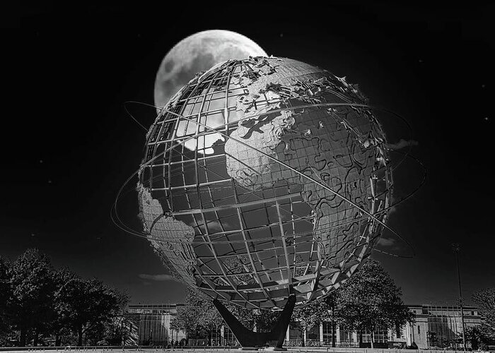 Unisphere Greeting Card featuring the photograph Unisphere Full Moon NY Worlds Fair 1964 Black White 2020 by Chuck Kuhn