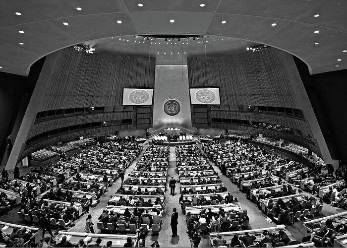 New York Greeting Card featuring the painting United Nations General Assembly Black and White by Christopher Arndt
