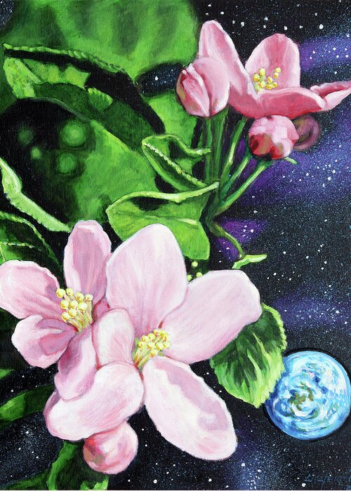 Apple Blossoms Greeting Card featuring the painting Universe In Spring by John Lautermilch