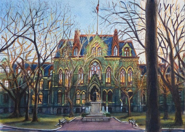 University Of Pennsylvania Greeting Card featuring the painting University of Pennsylvania-College Hall by Henrieta Maneva