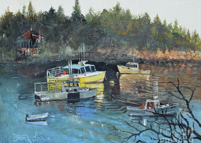 Greeting Card featuring the painting Unpredictable Birch Harbor by Jan Dappen