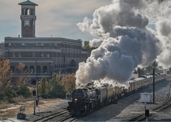 Railroad Greeting Card featuring the photograph UP 4014 Big Boy departs Union Station at Little Rock Arkansas by Jim Pearson