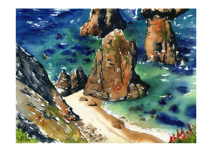 Portugal Greeting Card featuring the painting Ursa Beach in Sintra Portugal by Dora Hathazi Mendes