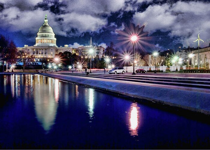 Capitol Greeting Card featuring the photograph US Capitol at twilight with clouds by Bill Jonscher