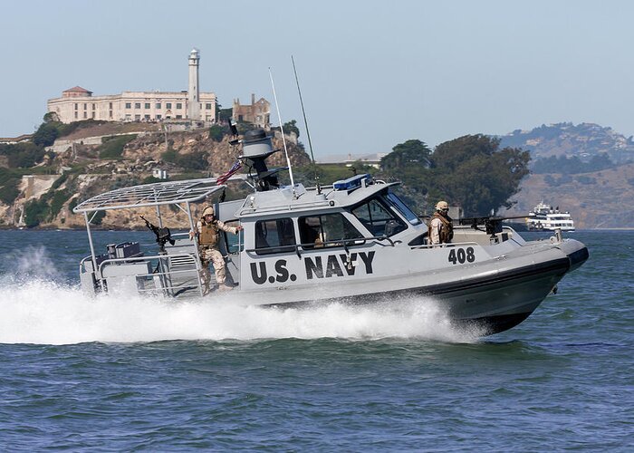 Navy Greeting Card featuring the photograph U.S. Navy Security Patrol by Rick Pisio