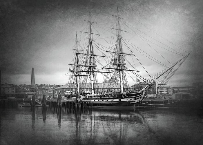 Boston Greeting Card featuring the photograph USS Constitution Boston Black and White by Carol Japp