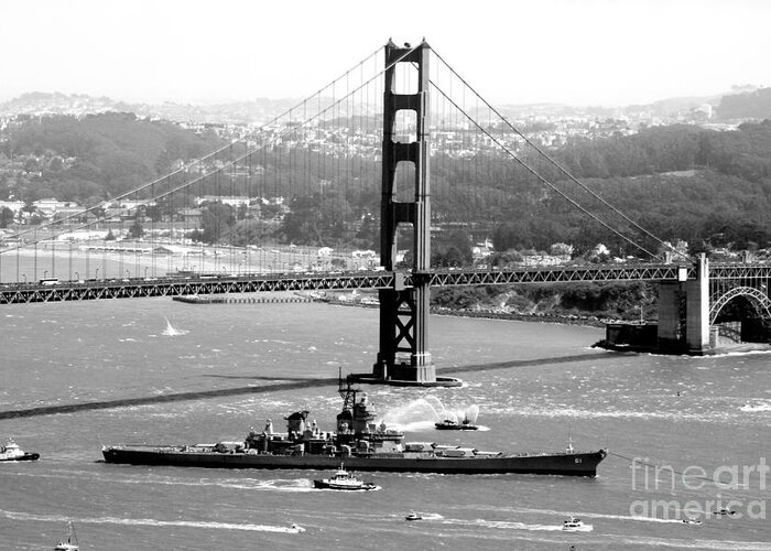 Battleship Greeting Card featuring the photograph USS Iowa departs San Francisco by Tony Lee