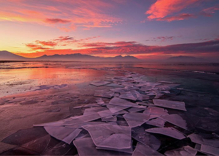Utah Lake Greeting Card featuring the photograph Utah Lake Ice Sunrise by Wesley Aston