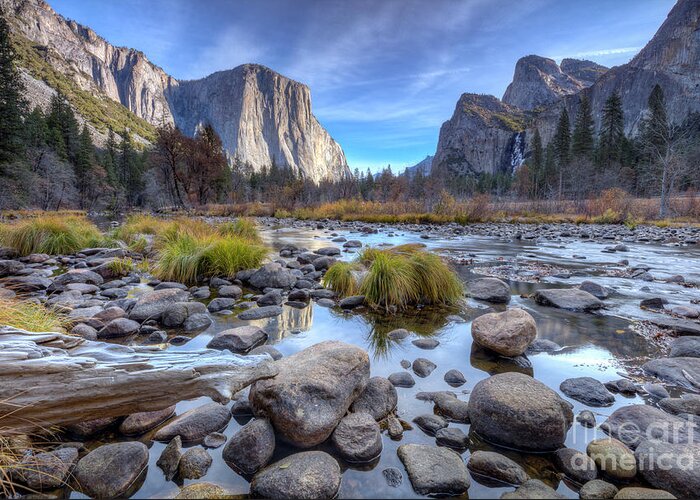 Valley View Yosemite National Park Reflections Of El Capitan In The Merced River Greeting Card featuring the photograph Valley View Yosemite National Park Reflections of El Capitan in the Merced River by Dustin K Ryan