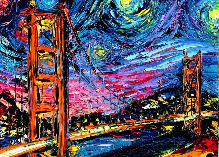 Golden Gate Bridge Greeting Card featuring the painting van Gogh Never Saw Golden Gate by Aja Trier