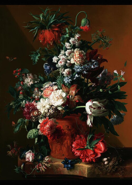 Vase Of Flowers Greeting Card featuring the painting Vase of Flowers by Jan van Huysum by Rolando Burbon