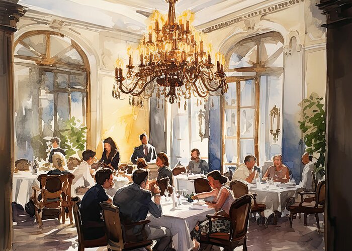 Venetian Dining Room Greeting Card featuring the painting Venetian Dining Room at the Arlington Hotel in Hot Springs, Arkansas by Lourry Legarde