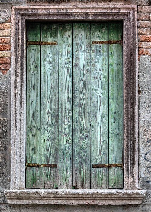 Venice Greeting Card featuring the photograph Venice Green Wood Window by David Letts