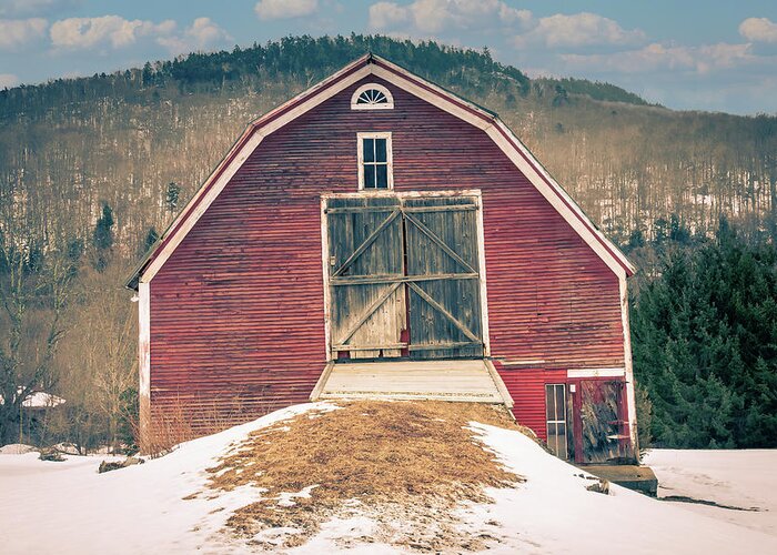Vermont Winter Greeting Card featuring the photograph Vermont Red Barn in Winter by Jeff Folger