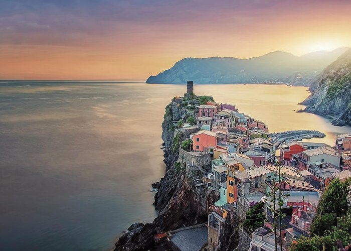 Architecture Greeting Card featuring the photograph Vernazza Sunset by Manjik Pictures