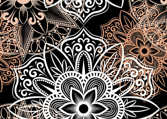 Colorful Greeting Card featuring the digital art Verona - Artistic White Cream Mandala Pattern in Black Background by Sambel Pedes