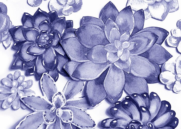 Succulent Greeting Card featuring the painting Very Peri Purple Blue Succulent Plants Garden Watercolor Interior Art X by Irina Sztukowski