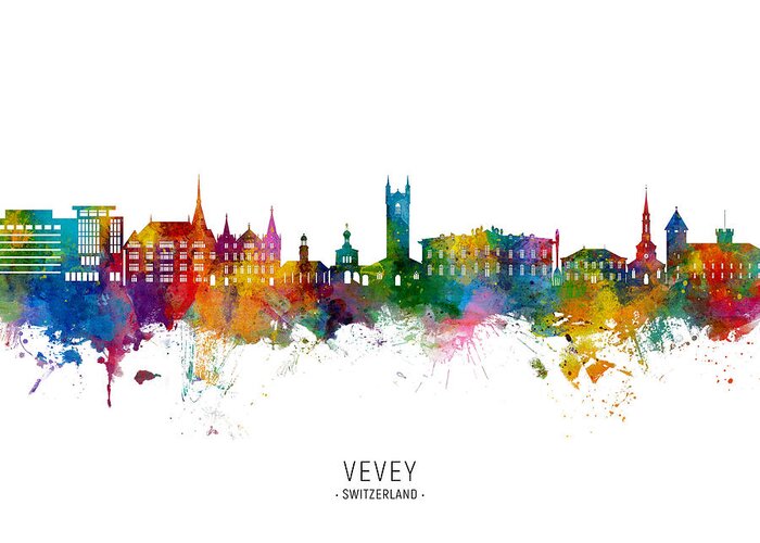 Vevey Greeting Card featuring the digital art Vevey Switzerland Skyline #19 by Michael Tompsett
